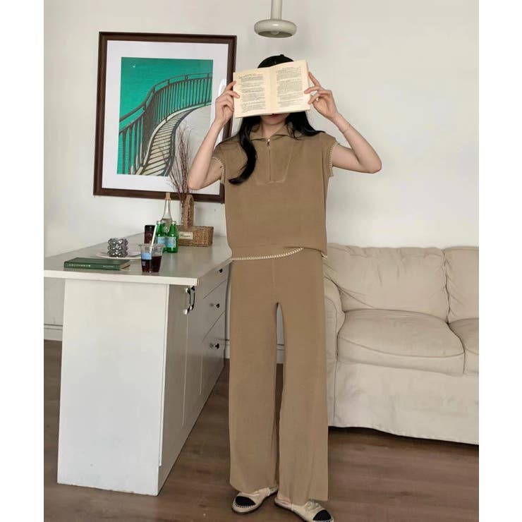 Banico ハーフジップフレンチスリーブサマーニット 涼感素材上下セットアップ | aimoha  | 詳細画像6