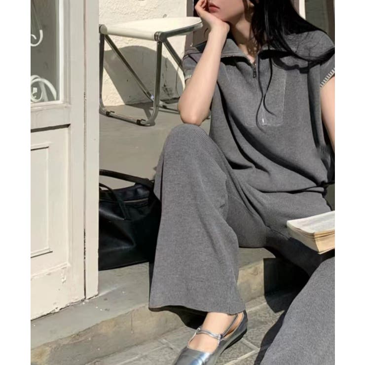 グレー | Banico ハーフジップフレンチスリーブサマーニット 涼感素材上下セットアップ | aimoha