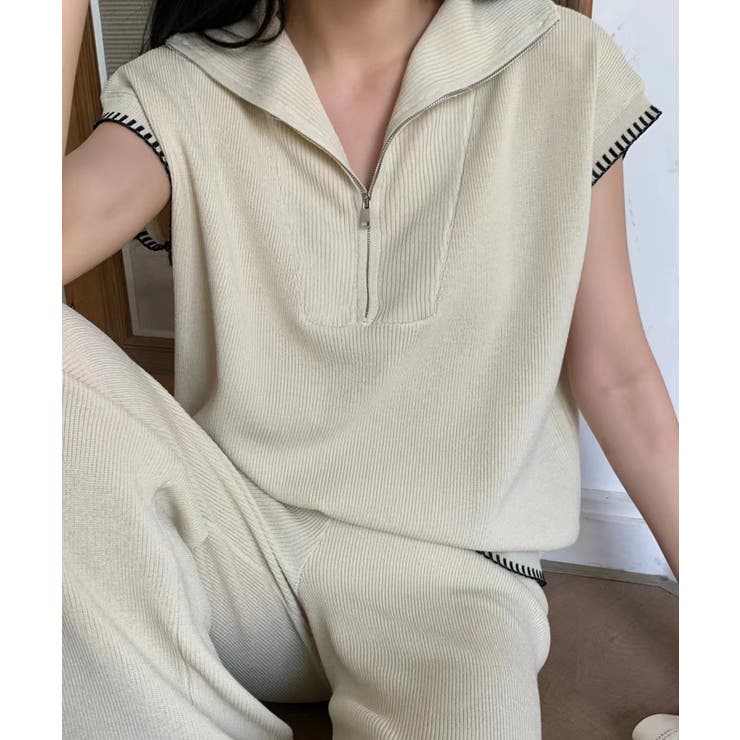 オフホワイト | Banico ハーフジップフレンチスリーブサマーニット 涼感素材上下セットアップ | aimoha