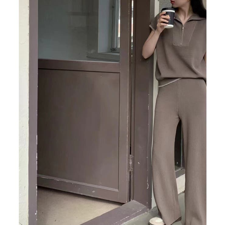 モカ | Banico ハーフジップフレンチスリーブサマーニット 涼感素材上下セットアップ | aimoha