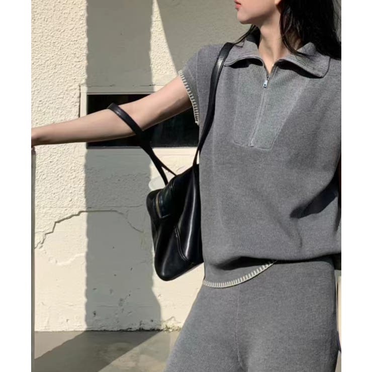 Banico ハーフジップフレンチスリーブサマーニット 涼感素材上下セットアップ | aimoha  | 詳細画像1