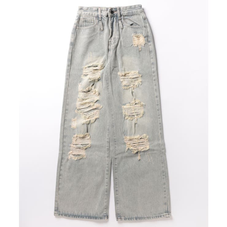 HOOK」for girls ダメージウォッシュワイドデニムパンツ[品番 HOOK」for girls ダメージウォッシュワイドデニムパンツ[品番