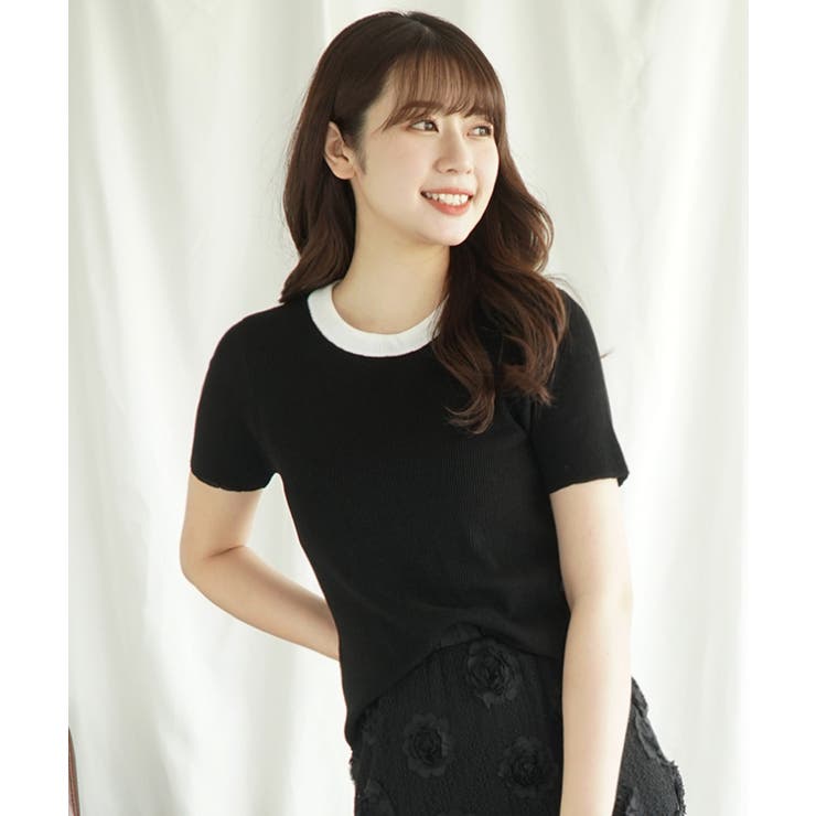 ブラック | 「Jasmine」バイカラーニット半袖Tシャツ レディース【SS】 | aimoha 