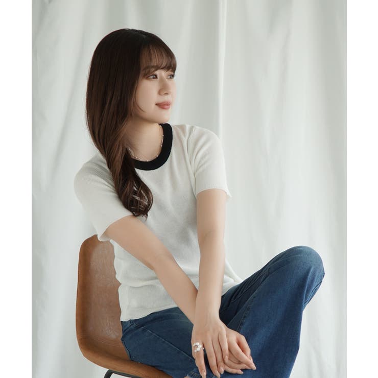 ホワイト | 「Jasmine」バイカラーニット半袖Tシャツ レディース【SS】 | aimoha 
