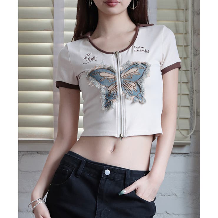 ベージュ | 【HOOK】for girls アメカジバターフライプリントジップトップス【SS… | HOOK