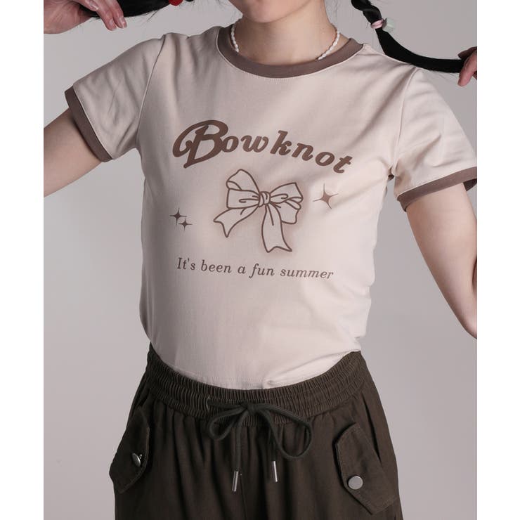 ベージュ | 【HOOK】for girls リボンプリントリンガーtシャツ【SS】 | HOOK
