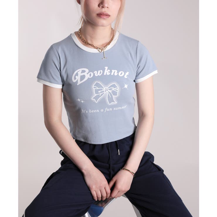 ブルー | 【HOOK】for girls リボンプリントリンガーtシャツ【SS】 | HOOK