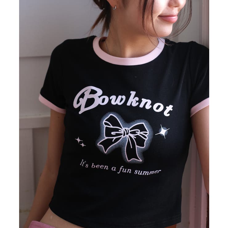 【HOOK】for girls リボンプリントリンガーtシャツ【SS】 | HOOK | 詳細画像1 