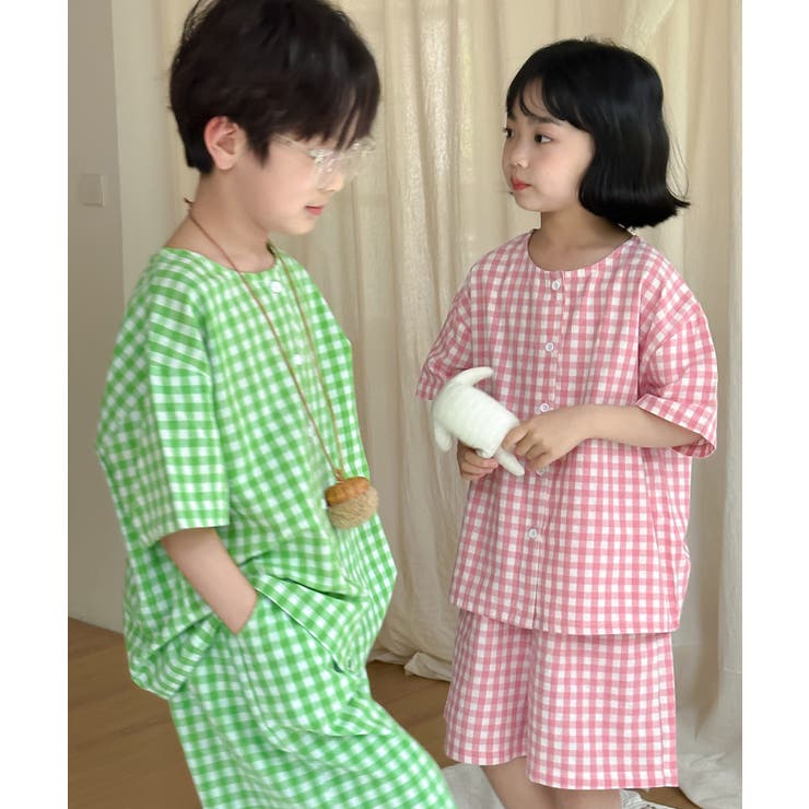 ☆【aimoha-KIDS-】チェック柄ルームウェアセットアップ【SS】[品番 