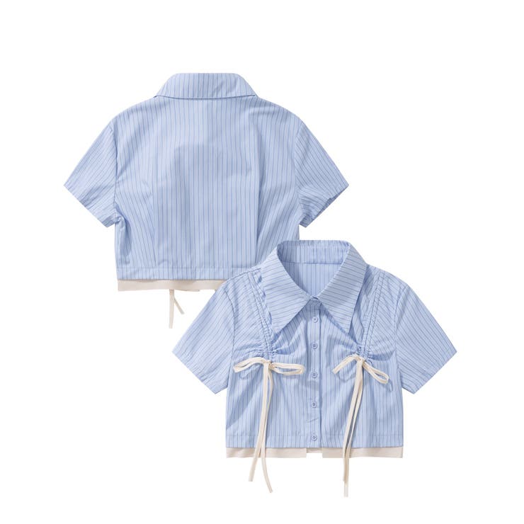 ライトブルー | 【HOOK】for girls 裾切りっぱなしレイヤード風紐シャーリング半袖ブラ… | HOOK