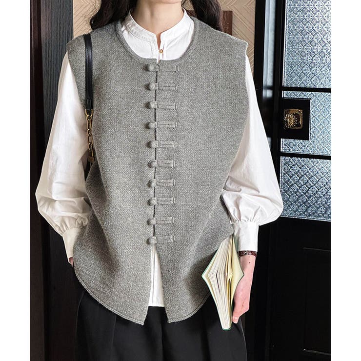 グレー | チャイナボタンニットベスト 韓国 【AW】 | aimoha 