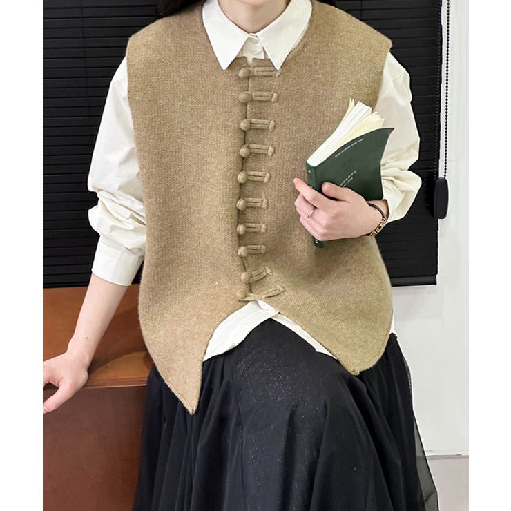ベージュ | チャイナボタンニットベスト 韓国 【AW】 | aimoha 