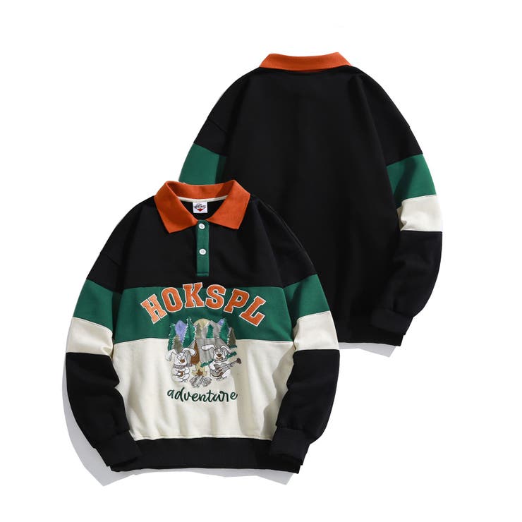 ブラック | HOOK  original  アメカジカートゥーンキャラクター刺繍袖配色切り替… | HOOK