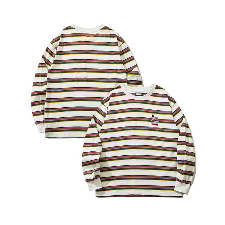 ホワイト | HOOK  original  アメカジワンポイント刺繍マルチボーダー長袖カット… | HOOK