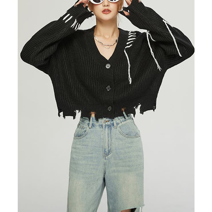 カーディガン 「HOOK」for girls クレイジーステッチショット丈ニットカーディガン レディース セール】【HOOK】for girls クレイジーステッチショット丈ニット