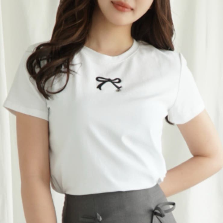 ホワイト | 「Jasmine」リボン刺しゅう半袖Tシャツ Jasmine Grandiflo… | aimoha 
