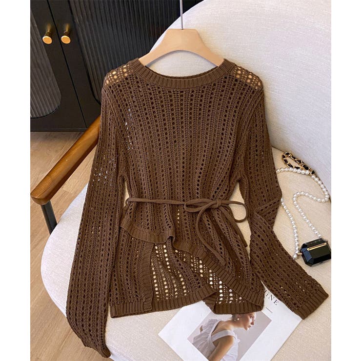 ウエストリボン付きメッシュニットトップス | aimoha  | 詳細画像16 