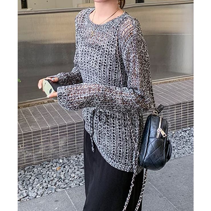 ウエストリボン付きメッシュニットトップス | aimoha  | 詳細画像9 