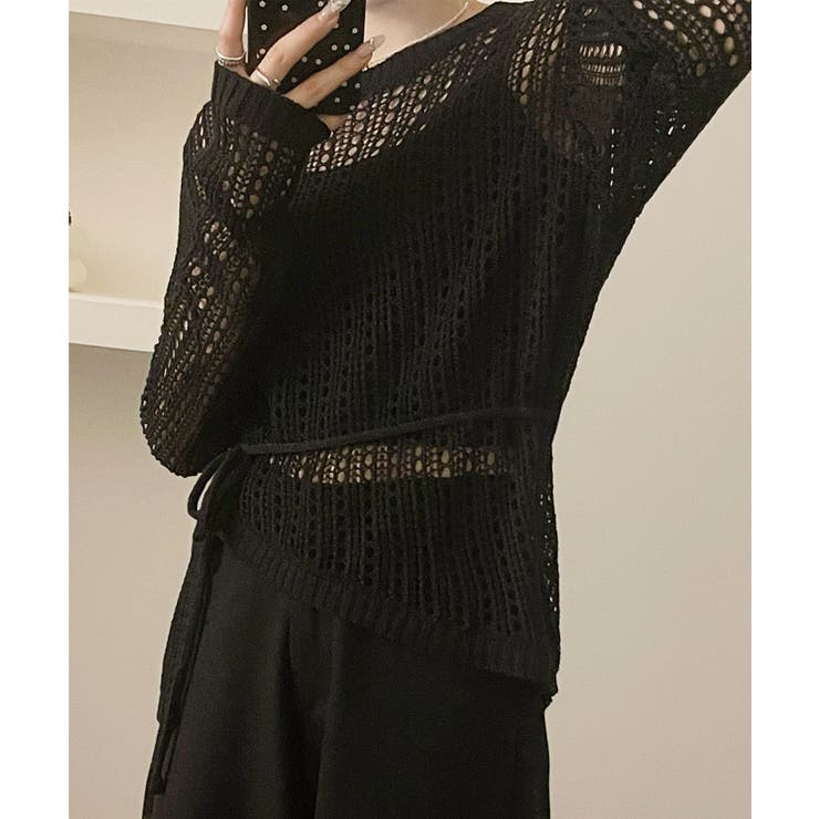 ウエストリボン付きメッシュニットトップス | aimoha  | 詳細画像13 