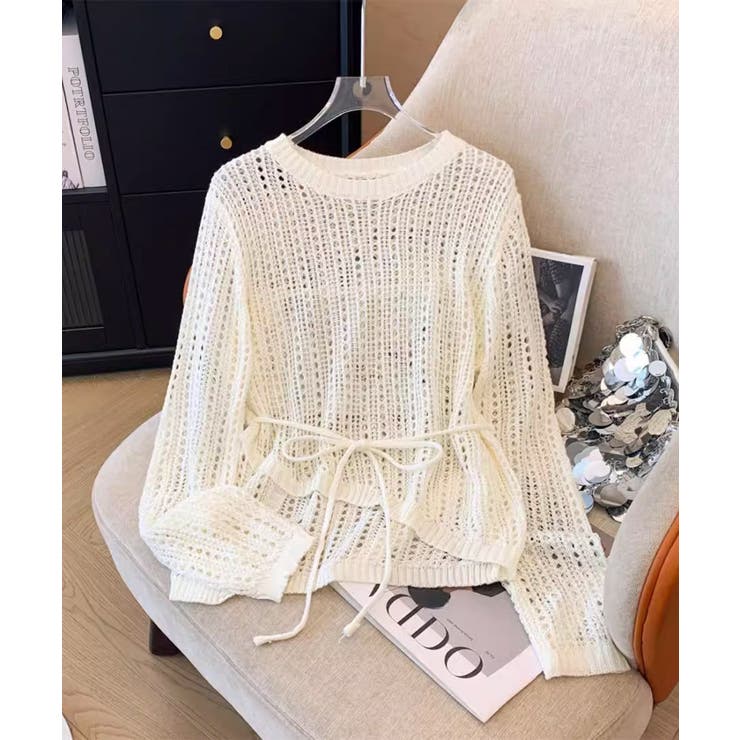 ウエストリボン付きメッシュニットトップス | aimoha  | 詳細画像1 