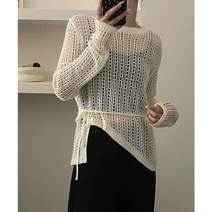 ウエストリボン付きメッシュニットトップス | aimoha  | 詳細画像15 