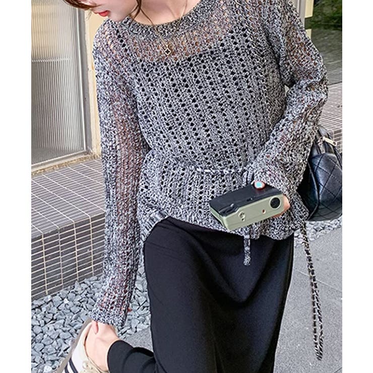 ウエストリボン付きメッシュニットトップス | aimoha  | 詳細画像7 