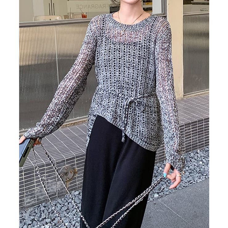 ウエストリボン付きメッシュニットトップス | aimoha  | 詳細画像8 