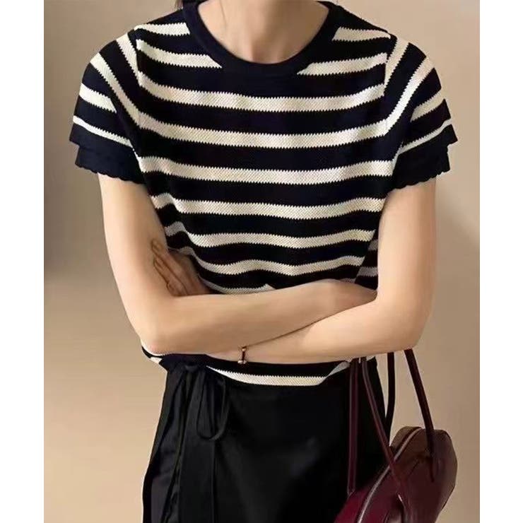 ブラック | ボーダー柄ニットトップス | aimoha 