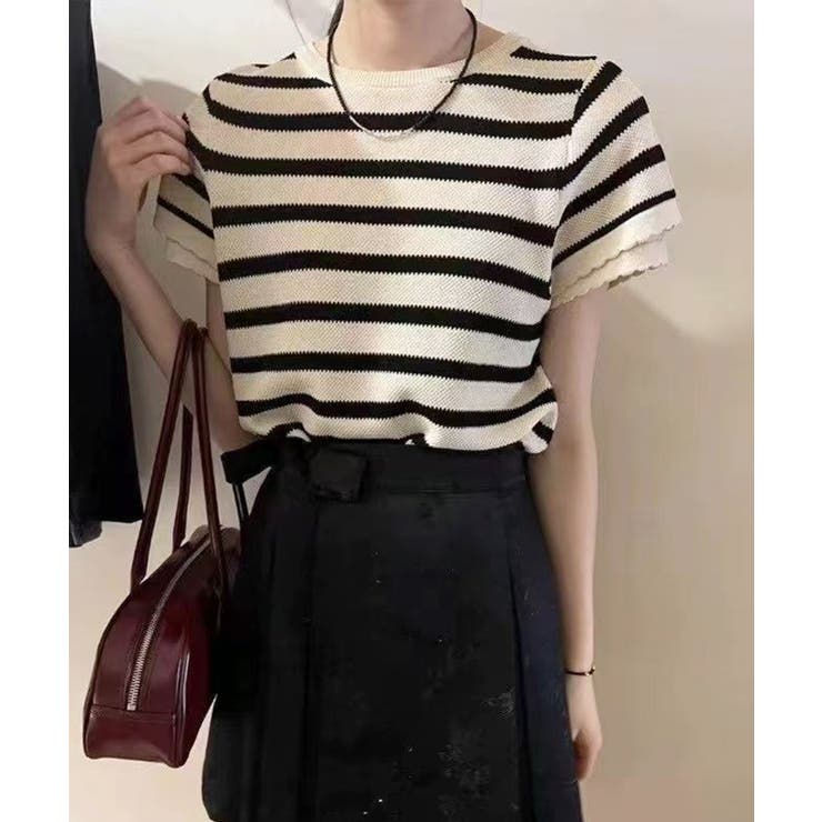 ライトベージュ | ボーダー柄ニットトップス | aimoha 