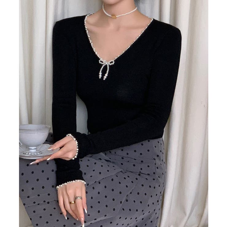ブラック | 【Jasmine】パールリボン長袖Ｔシャツ Jasmine Grandiflor… | aimoha 