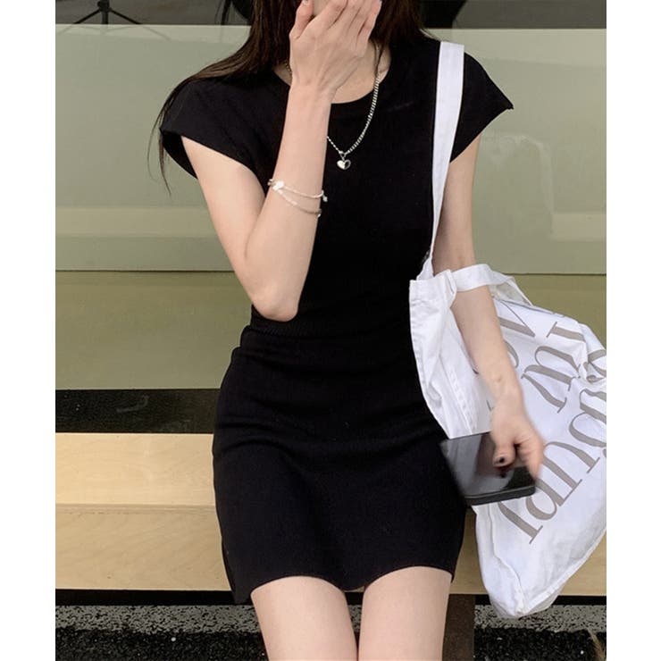Jasmine】フレンチスリーブウエストマークニットワンピース Jasmine