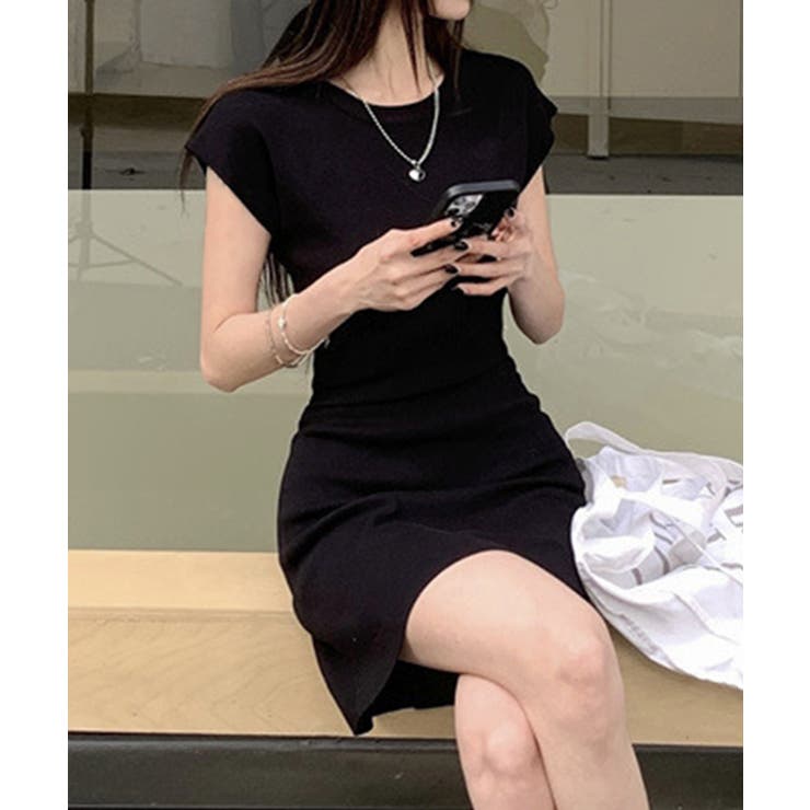 Jasmine】フレンチスリーブウエストマークニットワンピース Jasmine