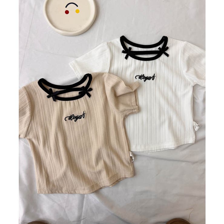 【aimoha-KIDS-】リボンネックリブTシャツ | aimoha kids | 詳細画像1 