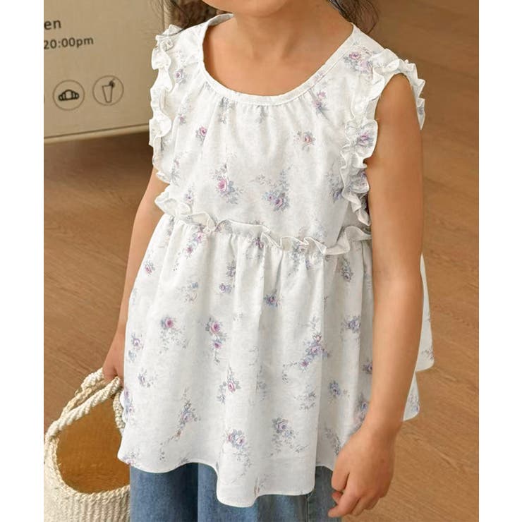 ホワイト | フラワープリントノースリーブトップス | aimoha kids