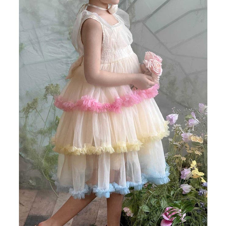 レインボーフリルチュールワンピース[品番：XT000013634