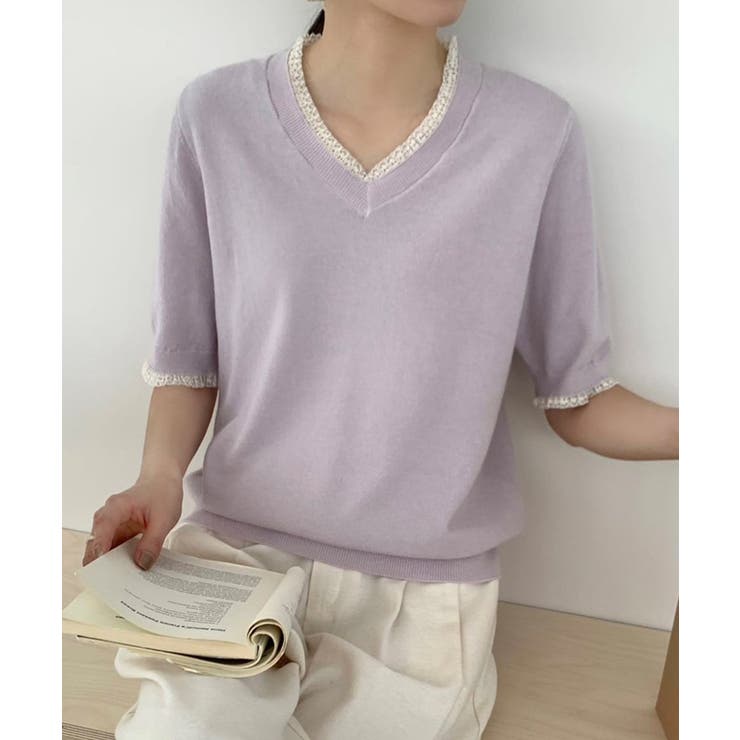 Vネック半袖ニットトップス | aimoha  | 詳細画像6 