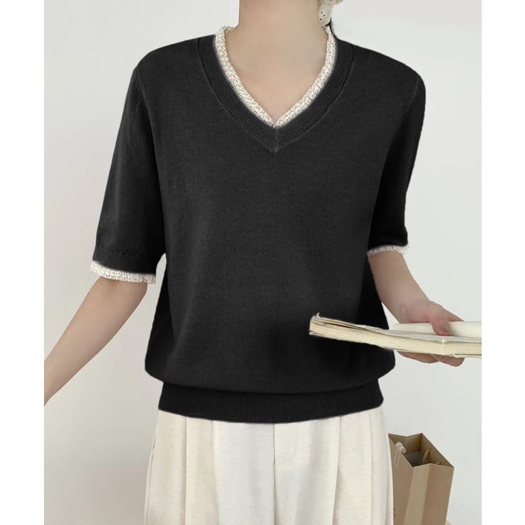 Vネック半袖ニットトップス | aimoha  | 詳細画像10 
