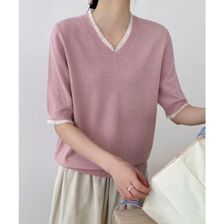 ピンク | Vネック半袖ニットトップス | aimoha 