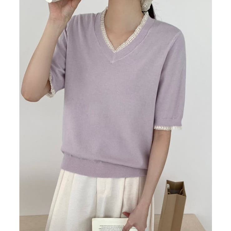 Vネック半袖ニットトップス | aimoha  | 詳細画像5 