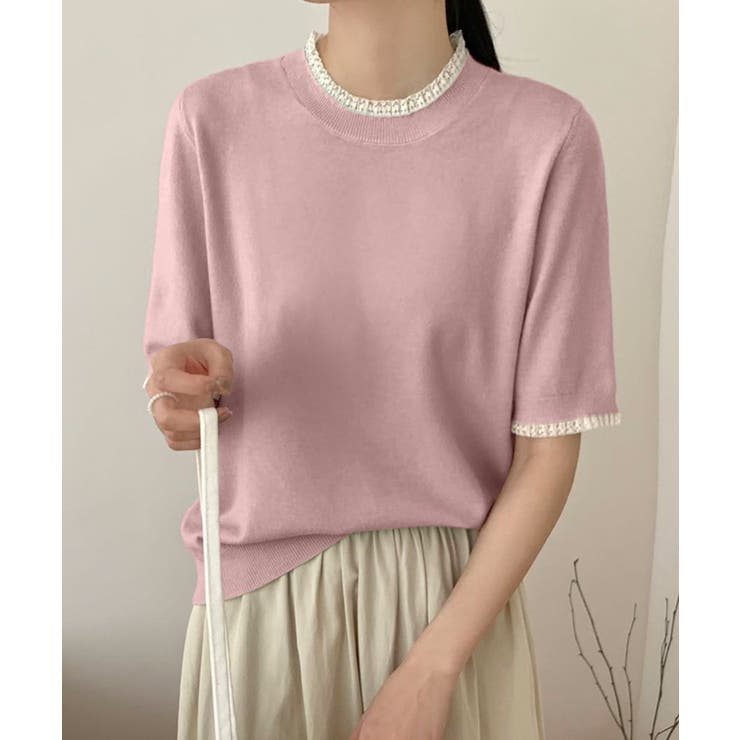 ピンク | クルーネック半袖ニットトップス | aimoha 