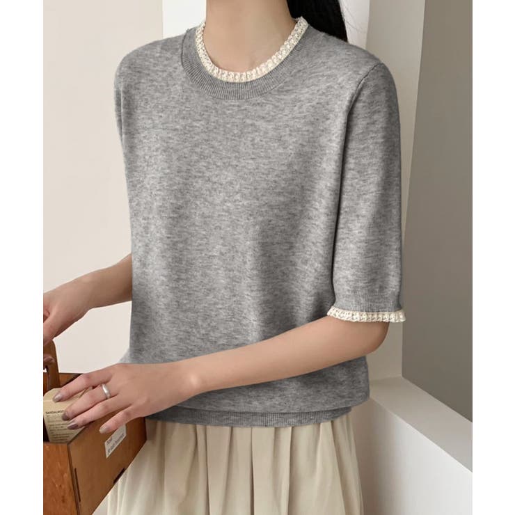 杢グレー | クルーネック半袖ニットトップス | aimoha 