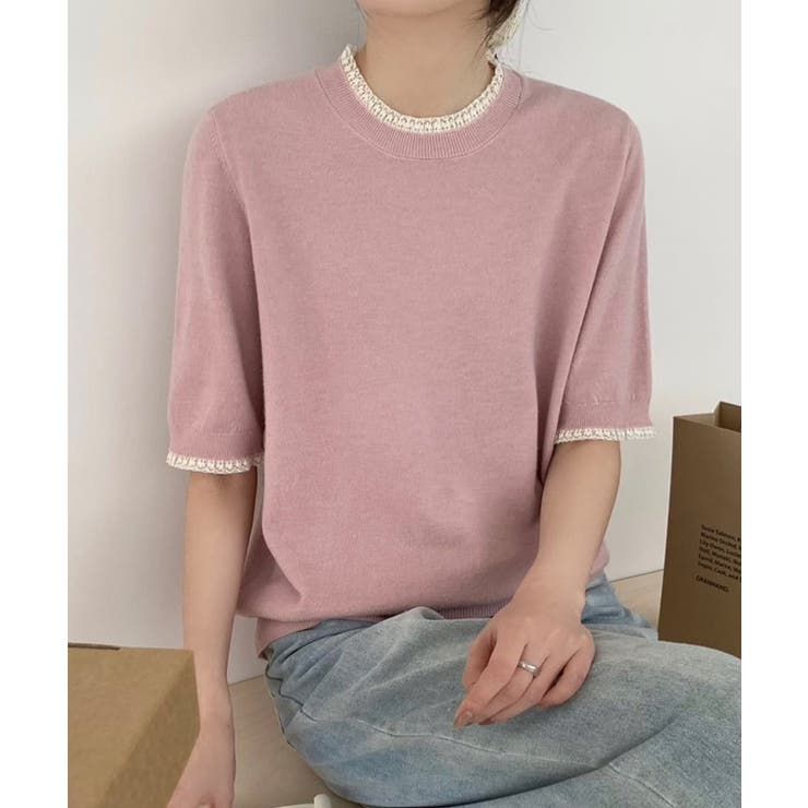 クルーネック半袖ニットトップス | aimoha  | 詳細画像2 