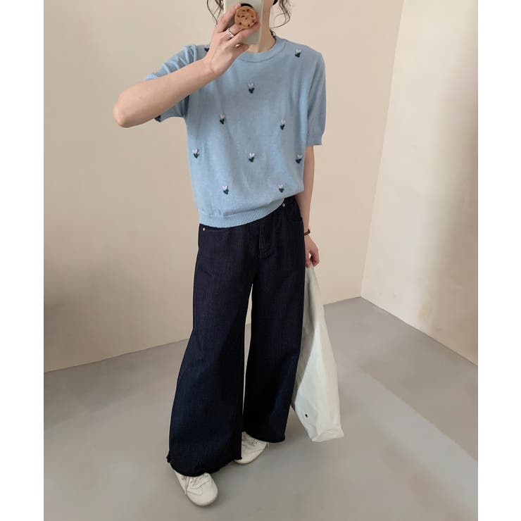 ハート刺繍入り半袖ニットトップス[品番：XT000013668]｜aimoha