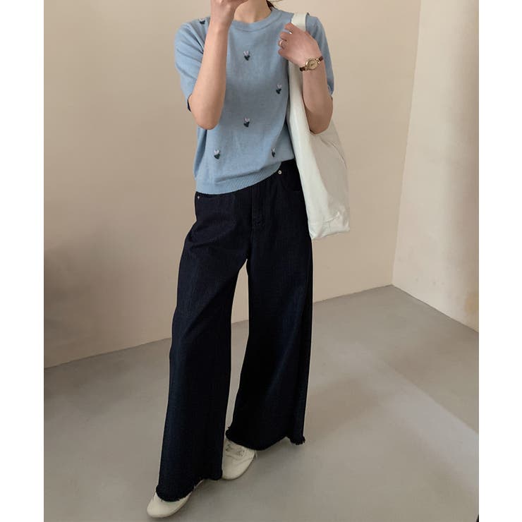 ハート刺繍入り半袖ニットトップス | aimoha  | 詳細画像8 