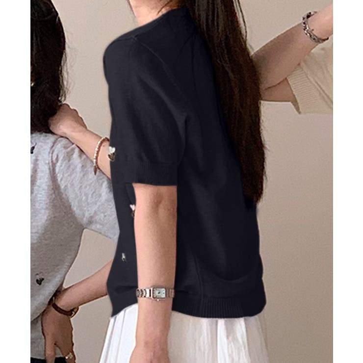 ハート刺繍入り半袖ニットトップス | aimoha  | 詳細画像1 