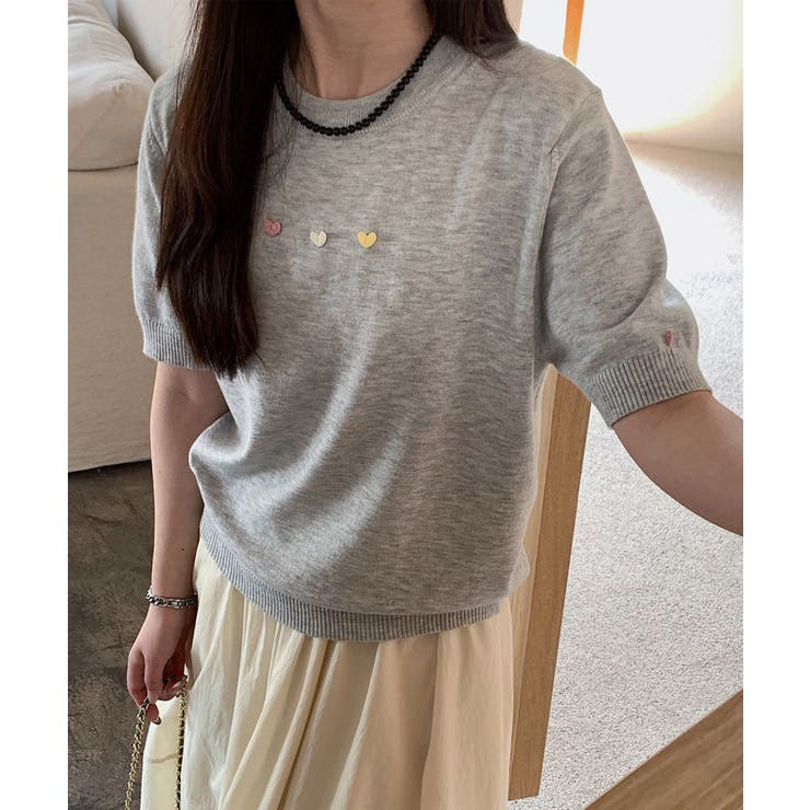 カラーハート付き半袖ニットトップス | aimoha  | 詳細画像1 
