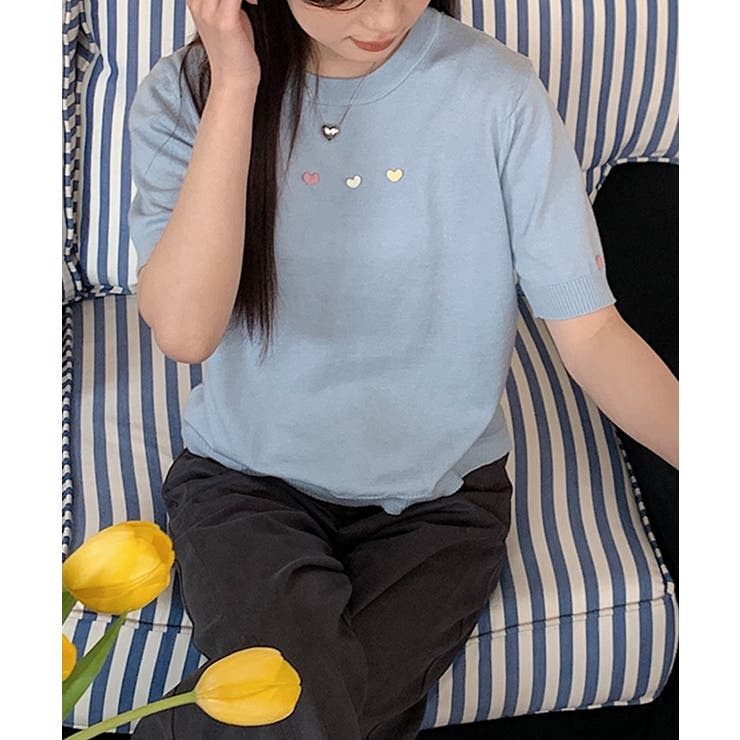 カラーハート付き半袖ニットトップス | aimoha  | 詳細画像13 