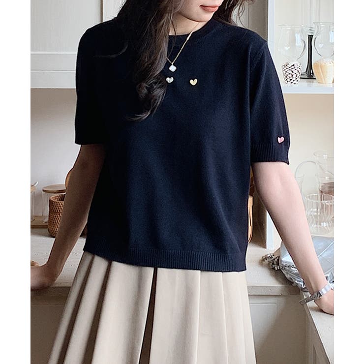 カラーハート付き半袖ニットトップス | aimoha  | 詳細画像2 