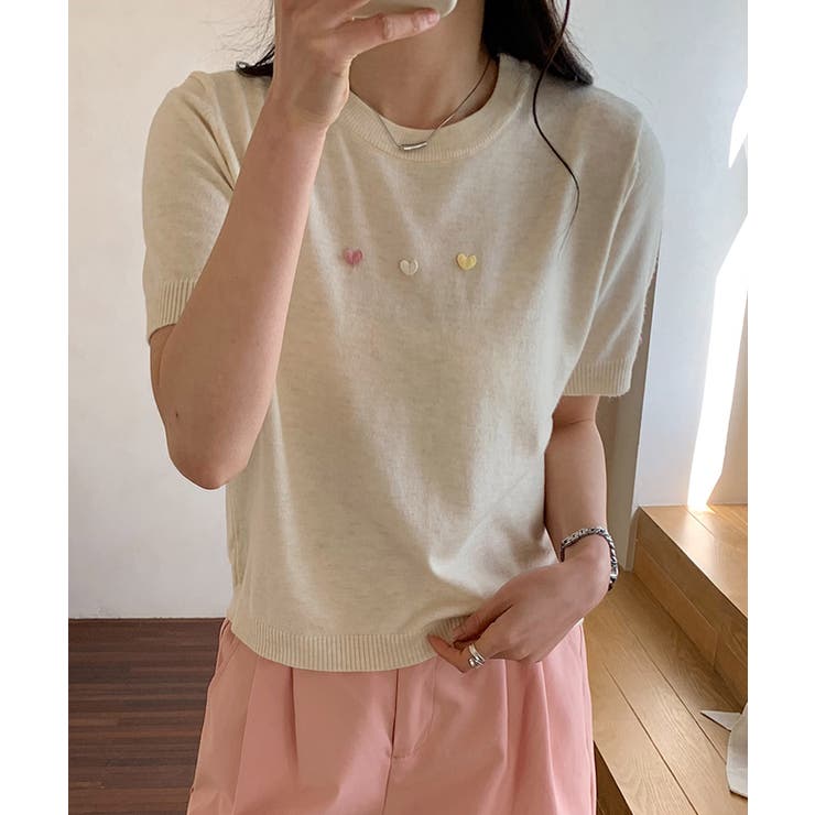 カラーハート付き半袖ニットトップス | aimoha  | 詳細画像5 