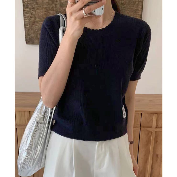 【値下げ】 ワッペン付きクルーネック半袖ニットトップス[品番：XT000013671 トップス
